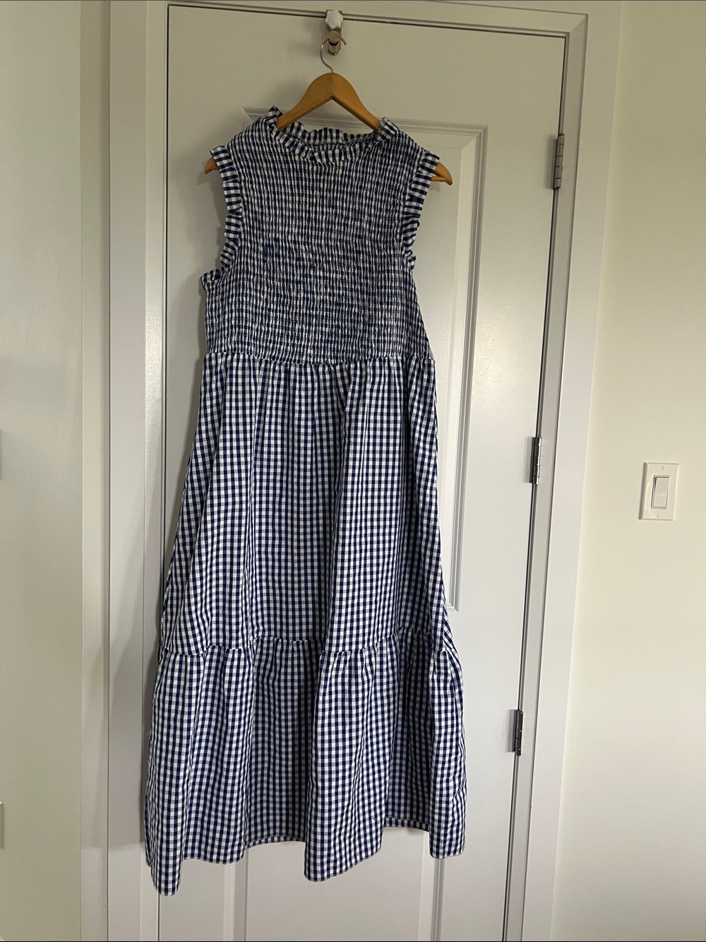 Sleeveless Blue Gingham Smocked Midi Dress